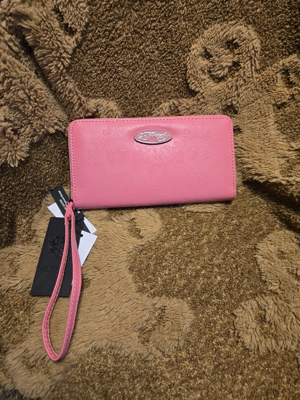 Ed Hardy Pink Embossed Zip Wallet Wristlet